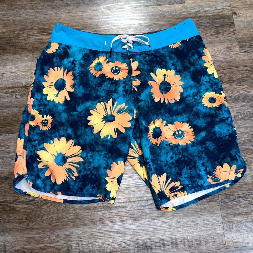 Quiksilver Highline Board Shorts Mens W32 Blue Daisy Print Surfing Drawstring
